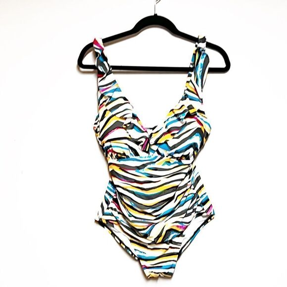 NWOT DKNY women's printed ruffled tummy-control one-piece swimsuit tiger Sz 14 - Picture 2 of 8